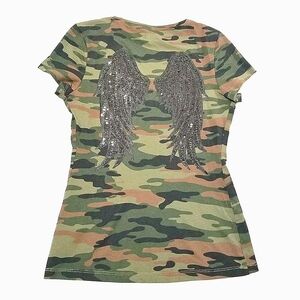 (M/L Fit) Guess GBG Women's T-Shirt Cap Sleeve Camouflage Tee